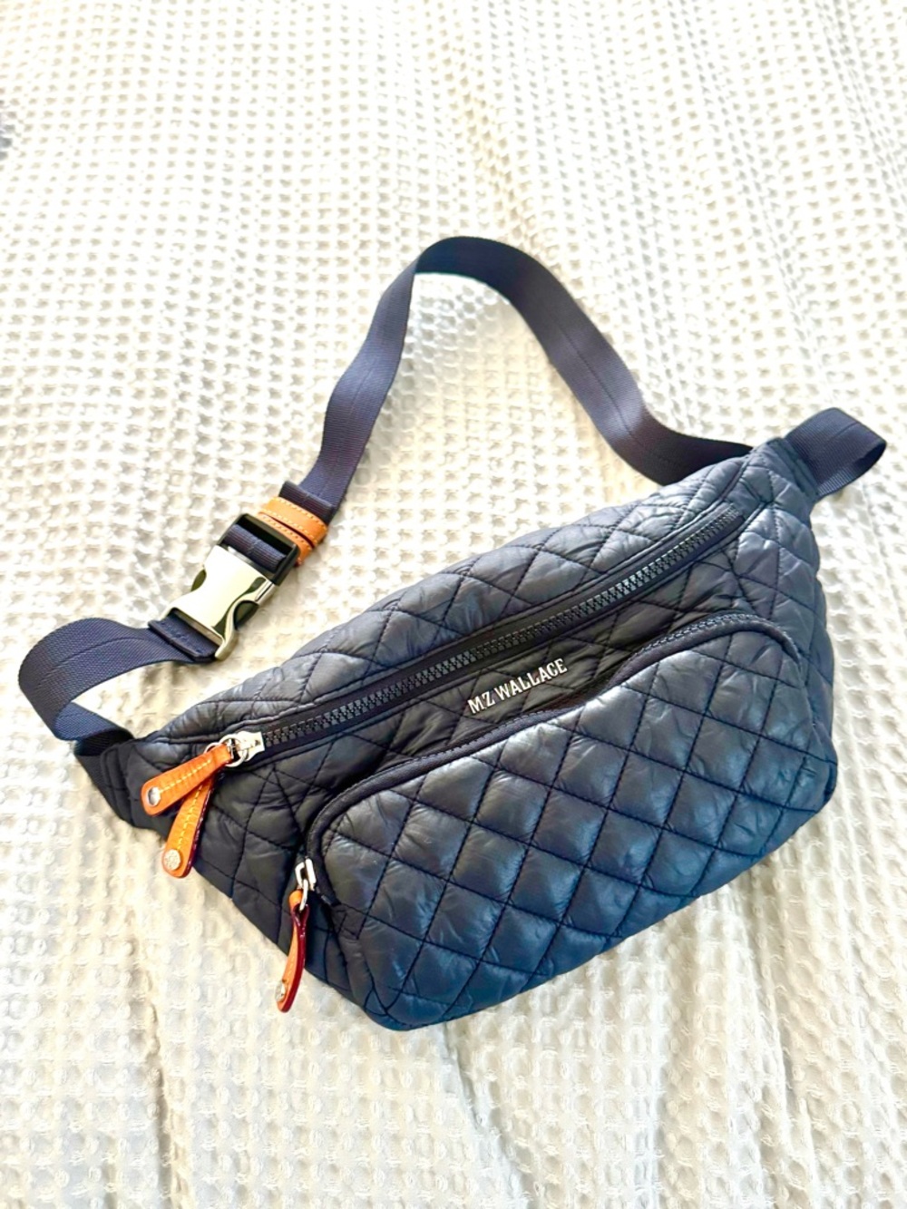 MZ Wallace Navy Quilted Belt Sling Bag, great condition